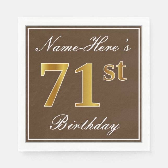 Servilleta De Papel Elegante Brown, Faux Gold 71st Birthday + Nombre (Anverso)