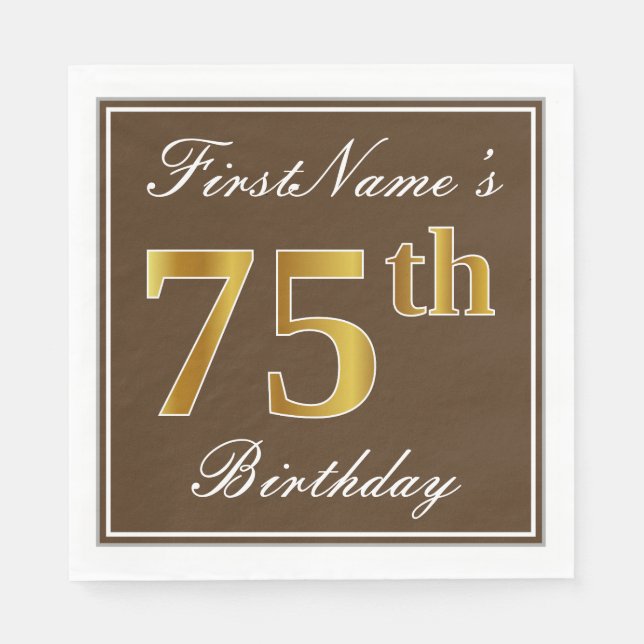 Servilleta De Papel Elegante Brown, Faux Gold 75th Birthday + Nombre (Anverso)