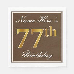 Servilleta De Papel Elegante Brown, Faux Gold 77th Birthday + Nombre