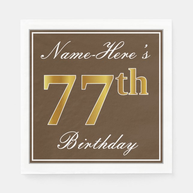Servilleta De Papel Elegante Brown, Faux Gold 77th Birthday + Nombre (Anverso)