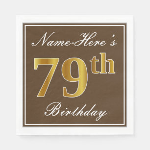 Servilleta De Papel Elegante Brown, Faux Gold 79th Birthday + Name