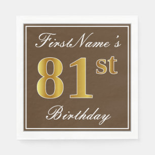 Servilleta De Papel Elegante Brown, Faux Gold 81st Birthday + Nombre