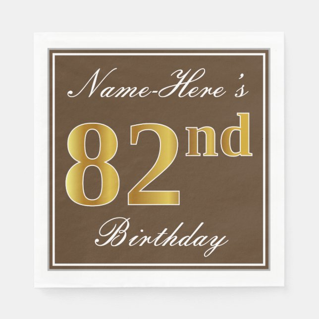 Servilleta De Papel Elegante Brown, Faux Gold 82nd Birthday + Nombre (Anverso)