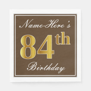 Servilleta De Papel Elegante Brown, Faux Gold 84th Birthday + Nombre