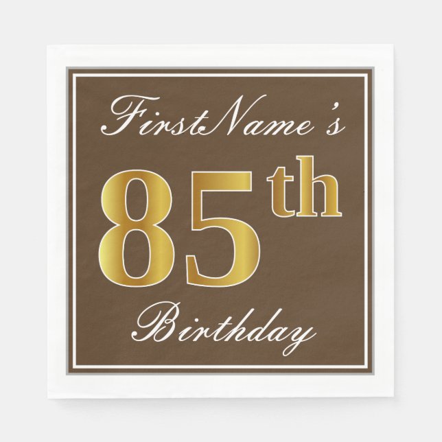 Servilleta De Papel Elegante Brown, Faux Gold 85th Birthday + Nombre (Anverso)