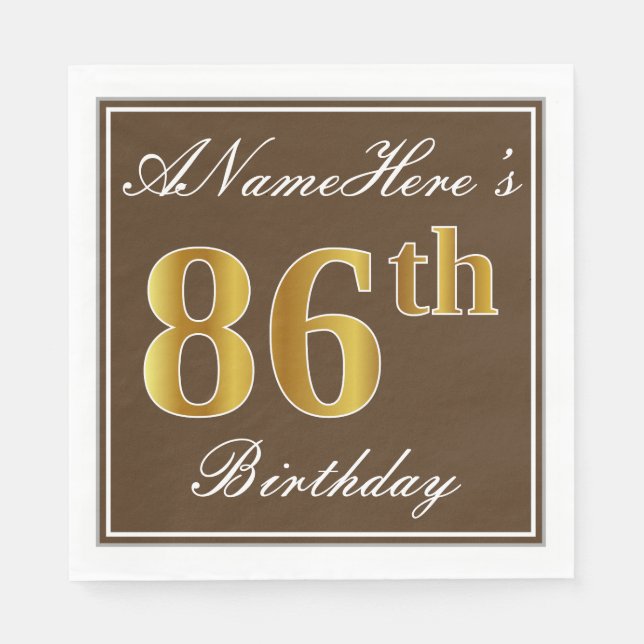 Servilleta De Papel Elegante Brown, Faux Gold 86th Birthday + Name (Anverso)
