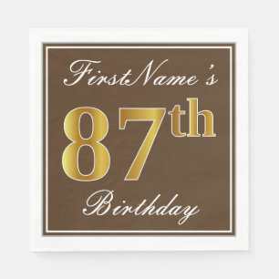 Servilleta De Papel Elegante Brown, Faux Gold 87th Birthday + Nombre