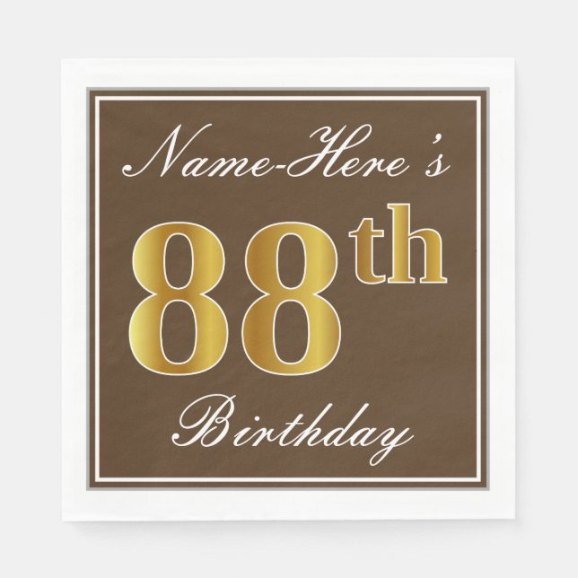 Servilleta De Papel Elegante Brown, Faux Gold 88th Birthday + Nombre (Anverso)