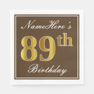 Servilleta De Papel Elegante Brown, Faux Gold 89th Birthday + Nombre