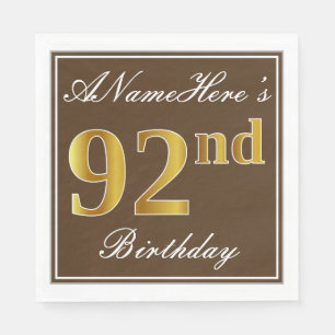 Servilleta De Papel Elegante Brown, Faux Gold 92nd Birthday + Nombre