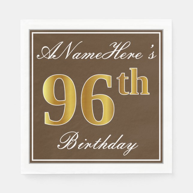 Servilleta De Papel Elegante Brown, Faux Gold 96th Birthday + Name (Anverso)