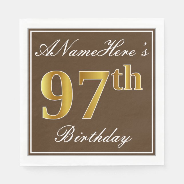 Servilleta De Papel Elegante Brown, Faux Gold 97th Birthday + Nombre (Anverso)