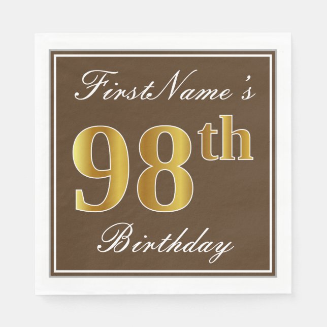 Servilleta De Papel Elegante Brown, Faux Gold 98th Birthday + Nombre (Anverso)