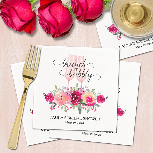 Servilleta De Papel Elegante Brunch y ducha de novias con flores (Chic champagne flutes with watercolor pink and cream floral bridal shower personalized napkins)