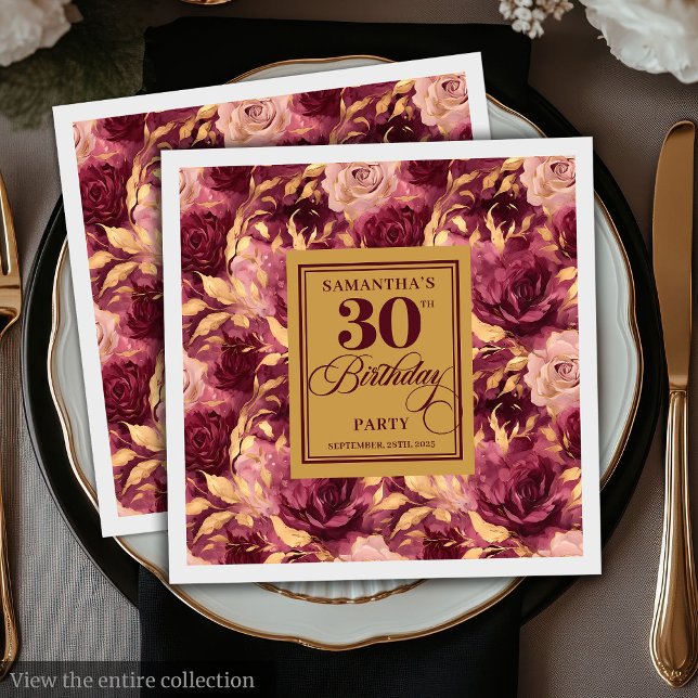 Servilleta De Papel Elegante Burgundy Rubor Gold 30 Napkins (Elegant Burgundy Blush Gold 30th Birthday Napkins)