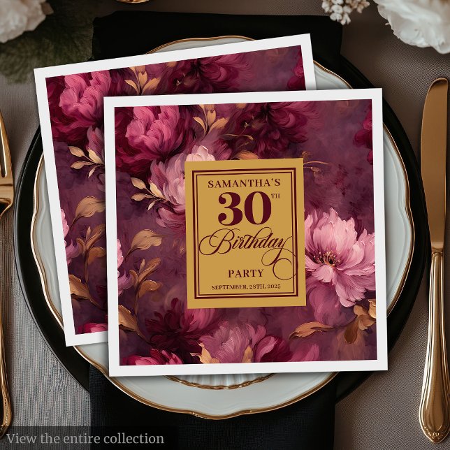 Servilleta De Papel Elegante Burgundy Rubor Gold Boho 30 cumpleaños (Elegant Burgundy Blush Gold Boho 30th Birthday Napkins)