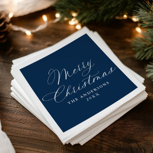 Servilleta De Papel Elegante Caligrafía Azul Marino Feliz Navidad