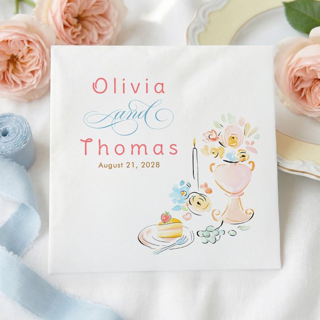 Servilleta De Papel Elegante Caprichoso Boda Dibujada a Mano (Whimsical Pastel Wedding Napkins)