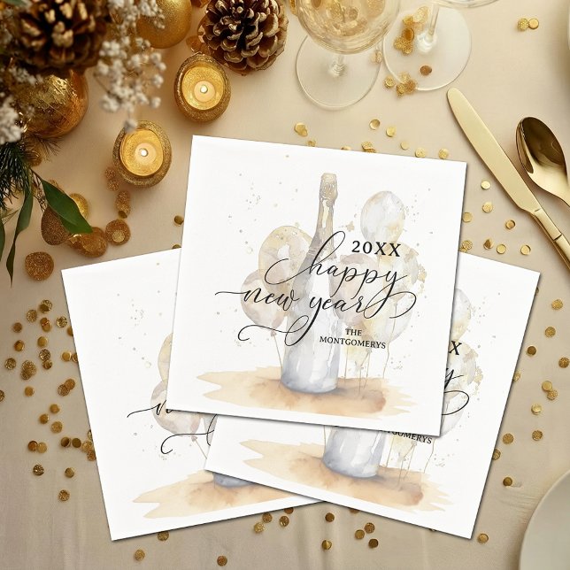 Servilleta De Papel Elegante champán y globos Feliz Año Nuevo (Elegant Champagne and Balloons Happy New Year Cocktail Napkins)
