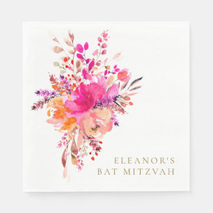 Servilleta De Papel Elegante Chic Rosa Floral Bat Mitzvah Personalizad