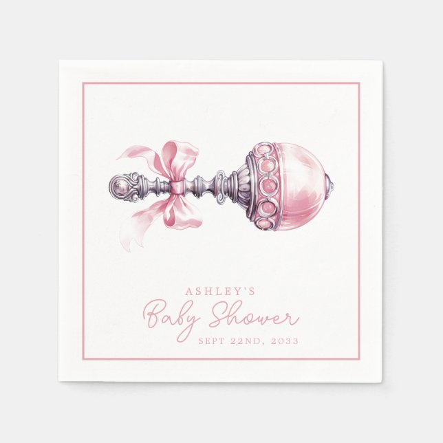 Servilleta De Papel Elegante Chica de Bebé Rosa Rattle Baby Shower (Anverso)