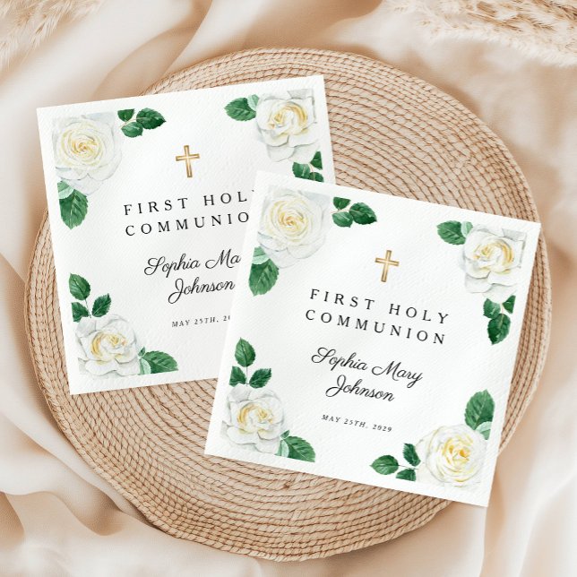 Servilleta De Papel Elegante Chica de la Cruz Floral Primera Comunión (Elegant Floral Cross Girl First Communion Napkins)