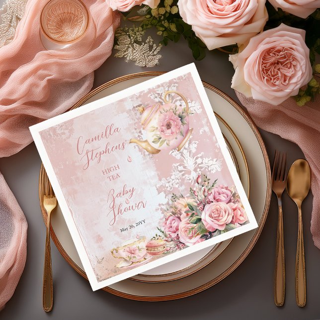 Servilleta De Papel Elegante Chica de té con flores rosadas alta Baby  (Elegant Pink Roses Floral High Tea Teapot and Teacup Girl Baby Shower Paper Napkins)