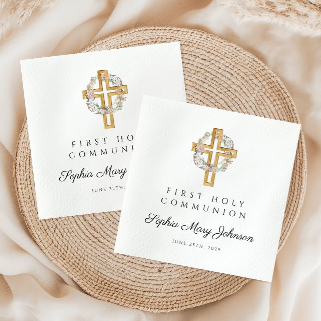 Servilleta De Papel Elegante Chica Floral de cruz floral Primera comun (Elegant Floral Wreath Cross Girl First Communion Napkins)