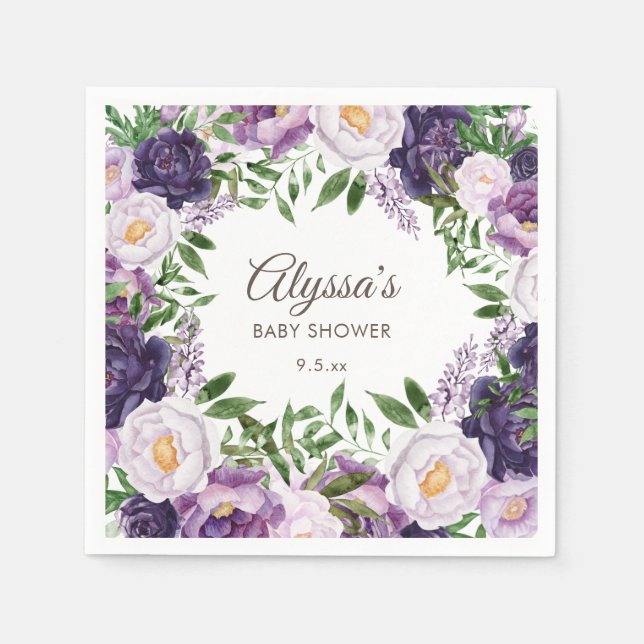 Servilleta De Papel Elegante Chica Floral de Peonies Purple Baby Showe (Anverso)