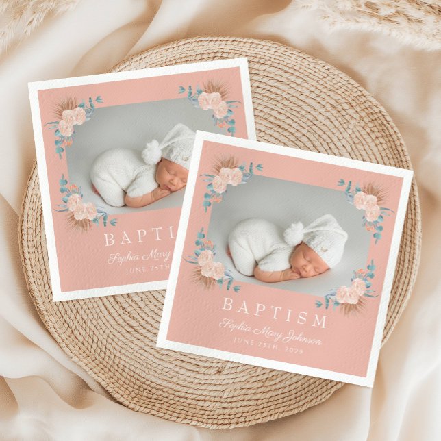 Servilleta De Papel Elegante Chica floral rosa foto de bautismo (Elegant Pink Floral Girl Baptism Photo Napkins)