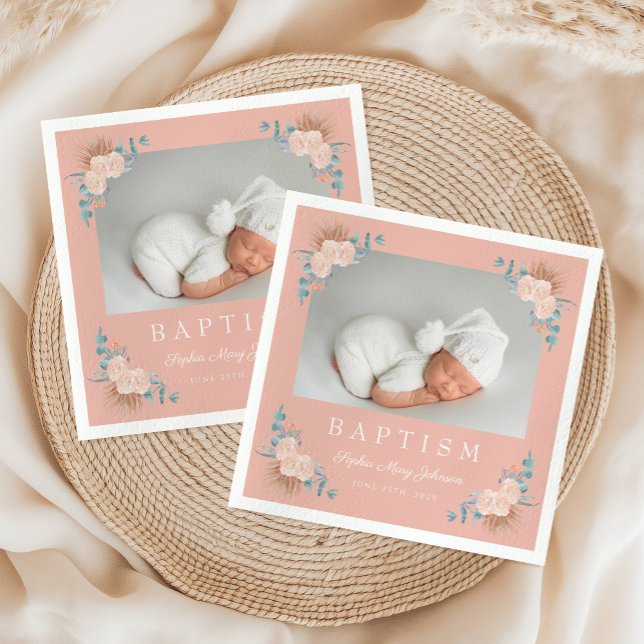 Servilleta De Papel Elegante Chica floral rosada Bautismo fotográfico (Elegant Pink Floral Girl Photo Baptism Napkins)