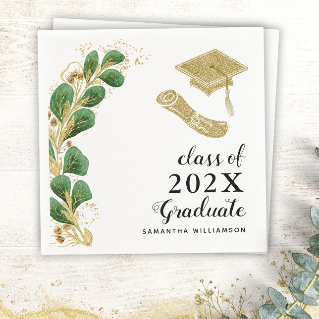 Servilleta De Papel Elegante Clase de Verdor de 2025 Graduación (Custom Elegant Graduation Napkins with Greenery, Grad's Cap and Diploma Illustrations)