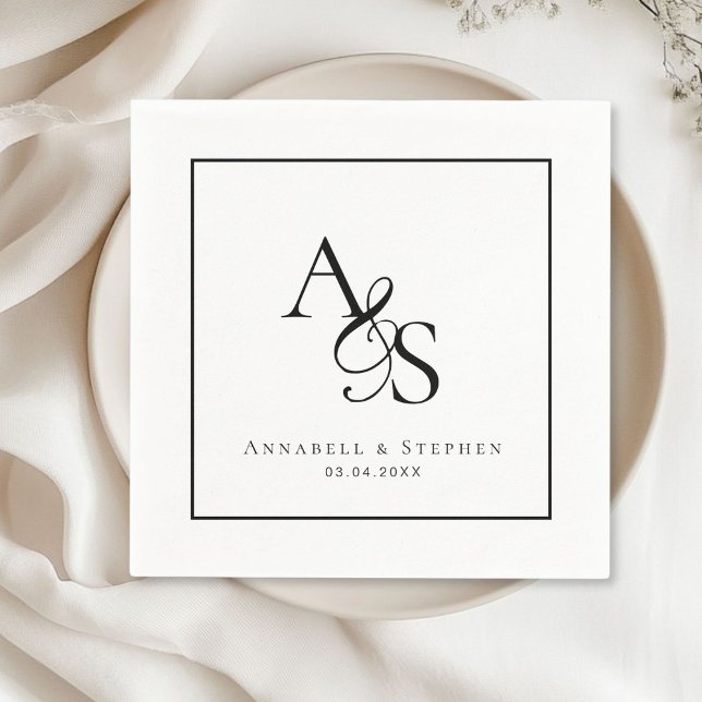 Servilleta De Papel Elegante, clásico, monograma, Boda (Elegant, Classic, Monogram, White, Wedding Napkin with your name and date.)