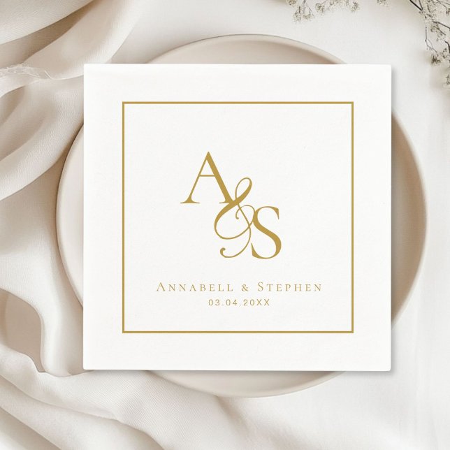 Servilleta De Papel Elegante, clásico, monograma, Boda (Elegant, Classic, Monogram, White, Wedding Napkin with your name and date.)