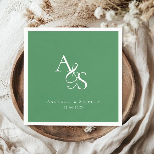 Servilleta De Papel Elegante, clásico, monograma, Boda verde-forestal (Elegant, Classic, Monogram, GREEN, Wedding Napkin with your name and date.)