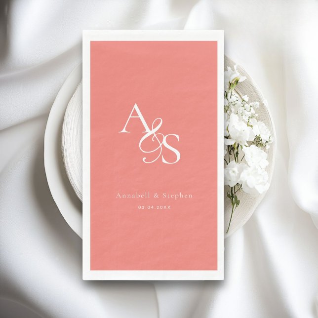 Servilleta De Papel Elegante, clásico, monograma, coral, Boda (Elegant, Classic, Monogram, Wedding Paper Guest Towels, Napkins. Coral)