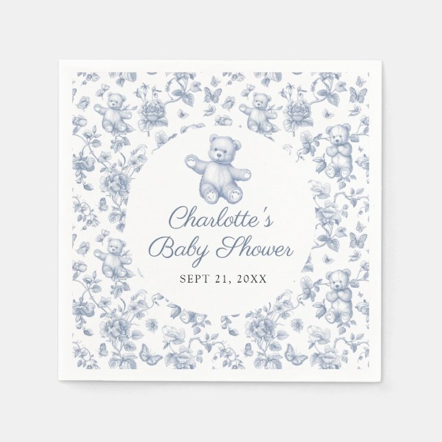 Servilleta De Papel Elegante Classic Blue Boy Bear Baby Shower Toile (Anverso)