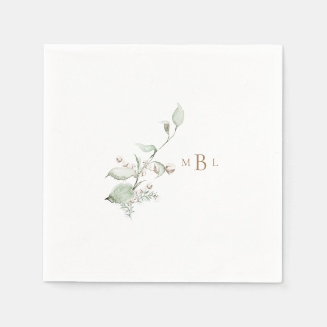 Servilleta De Papel Elegante cóctel Boda de Foliage & Cotton Monogram (Anverso)