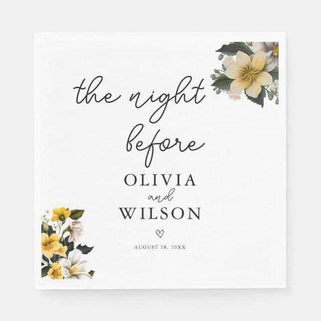 Servilleta De Papel Elegante cóctel Boda floral blanco y amarillo (Anverso)
