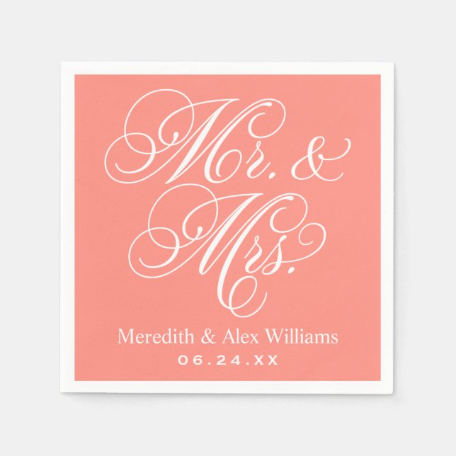 Servilleta De Papel Elegante Coral Bodas Script Mr y Mrs (Anverso)