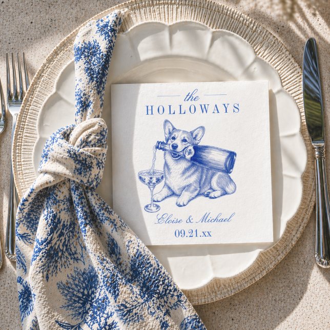 Servilleta De Papel Elegante Corgi Azul de Boda Chinoiserie (Elegant Blue Chinoiserie Corgi Wedding Napkins)