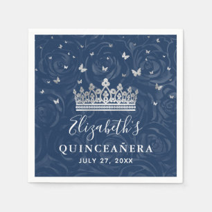 Servilleta De Papel Elegante Corona de Quinceañera Azul Marino y Plata