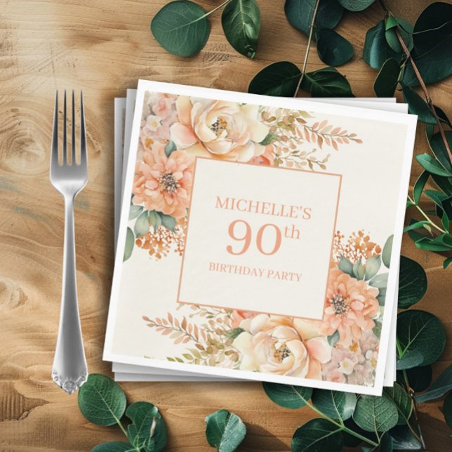 Servilleta De Papel Elegante Crema de Peach Floral 90 cumpleaños (Peach and cream-colored watercolor floral birthday party paper napkins)