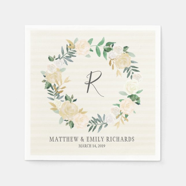 Servilleta De Papel Elegante crema Rosa Monograma de floral (Anverso)