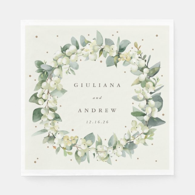 Servilleta De Papel Elegante Crema Snowberry + Eucalyptus Wreath Boda (Anverso)