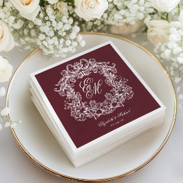 Servilleta De Papel Elegante Cresta de Monograma de Bodas en Burgundy 