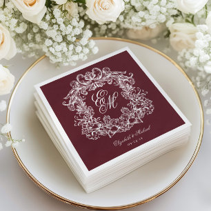 Servilleta De Papel Elegante Cresta de Monograma de Bodas en Burgundy