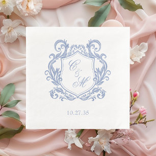 Servilleta De Papel Elegante Cresta Monograma Azul Polvoriento Boda