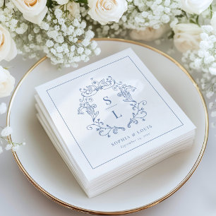 Servilleta De Papel Elegante Cresta Monograma Boda Azul Barroco