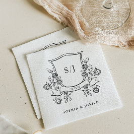 Servilleta De Papel Elegante Cresta y Monograma Boda en Blanco y Negro